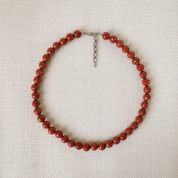 Red Jasper Gemstone Brick Red Disco Faceted Round Beaded Simple Collar Necklace - Picture 3 of 11